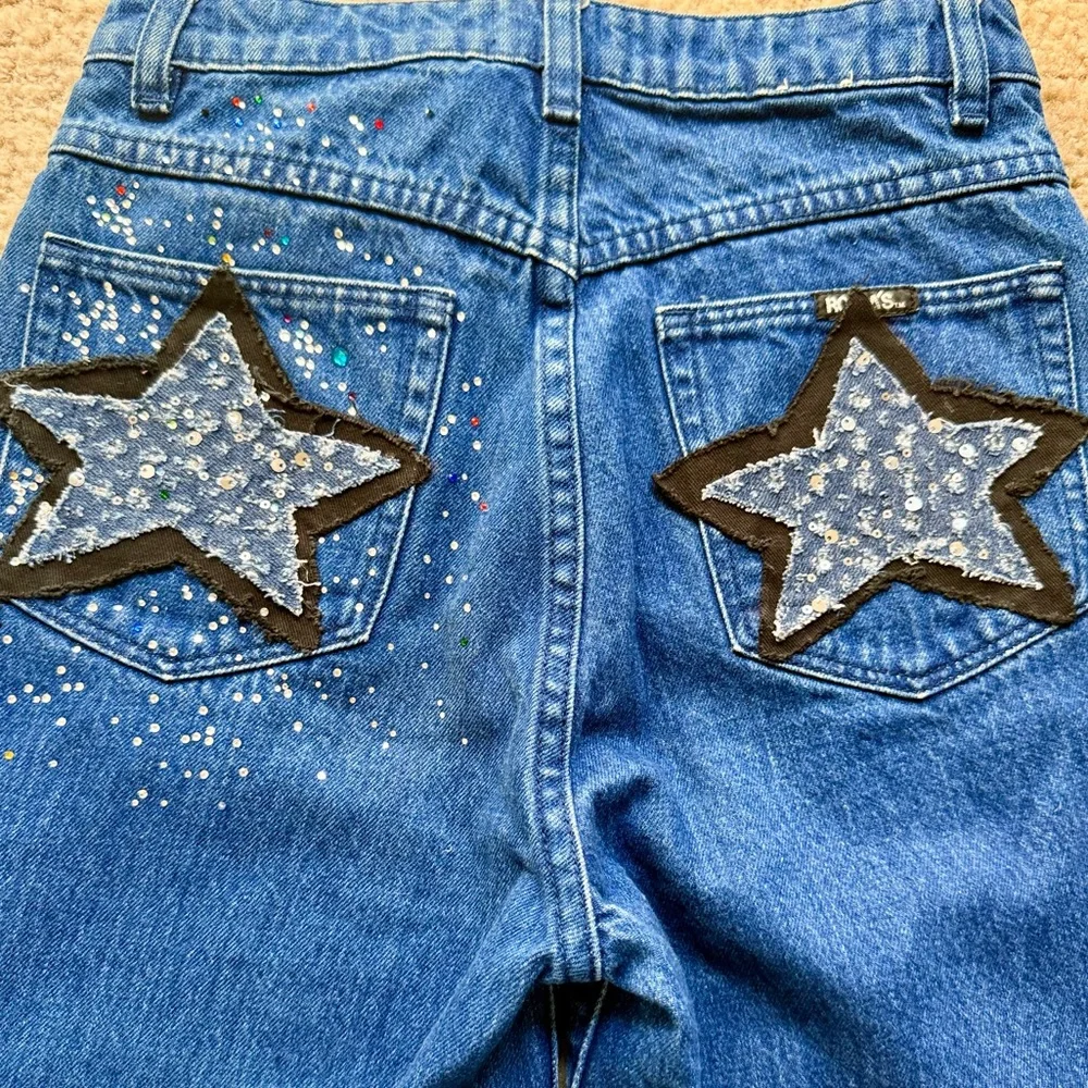 Rolla’s Upcycled Rhinestone Star Denim Bermuda Shorts Festival Boho Sparkle S